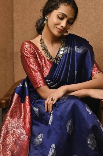 Blue red soft silk blend banarasi jacuard work designer party wear saree with unstitched blouse piece