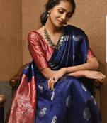 Blue red silk blend banarasi saree with unstitched blouse piece