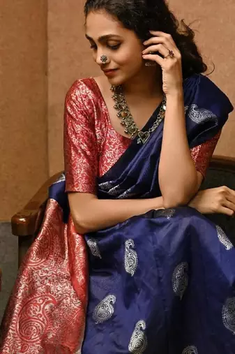 Blue red silk blend banarasi saree with unstitched blouse piece