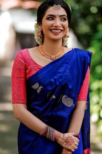 Blue red soft silk blend banarasi jacuard work designer party wear saree with unstitched blouse piece