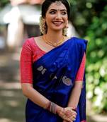 Blue red silk blend banarasi saree with unstitched blouse piece