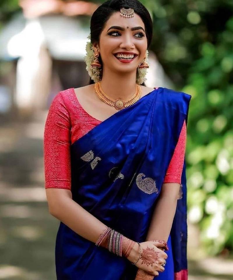 Blue red soft silk blend banarasi jacuard work designer party wear saree with unstitched blouse piece