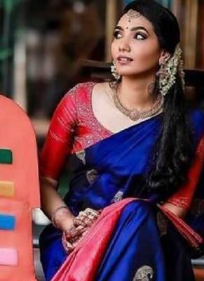Blue red silk blend banarasi saree with unstitched blouse piece 2