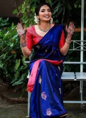 Blue red silk blend banarasi saree with unstitched blouse piece 4
