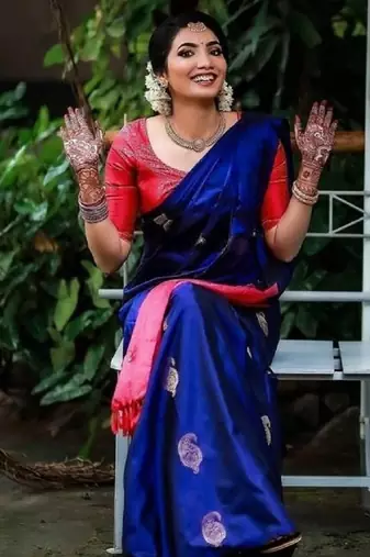 Blue red silk blend banarasi saree with unstitched blouse piece
