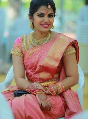 Baby pink silk blend banarasi saree with unstitched blouse piece 1