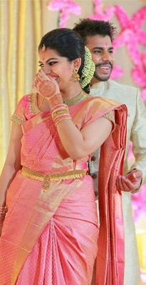 Baby pink silk blend banarasi saree with unstitched blouse piece 3