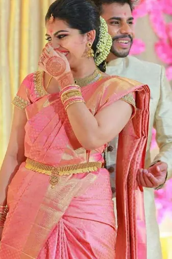 Baby pink silk blend banarasi saree with unstitched blouse piece