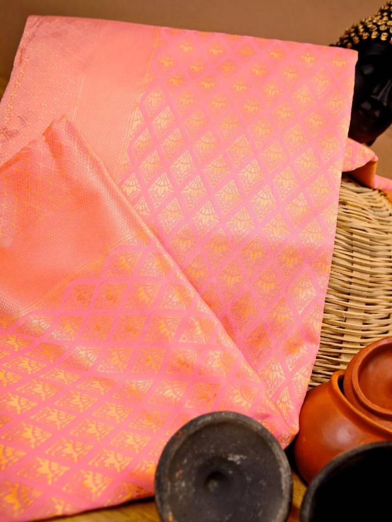 Baby pink soft silk blend banarasi jacuard work designer party wear saree with unstitched blouse piece