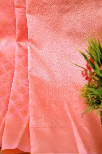 Baby pink silk blend banarasi saree with unstitched blouse piece