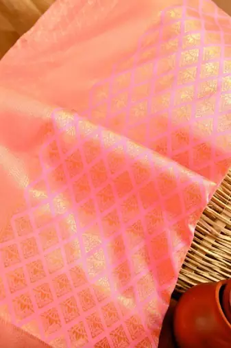 Baby pink silk blend banarasi saree with unstitched blouse piece