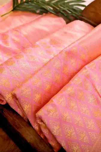 Baby pink silk blend banarasi saree with unstitched blouse piece