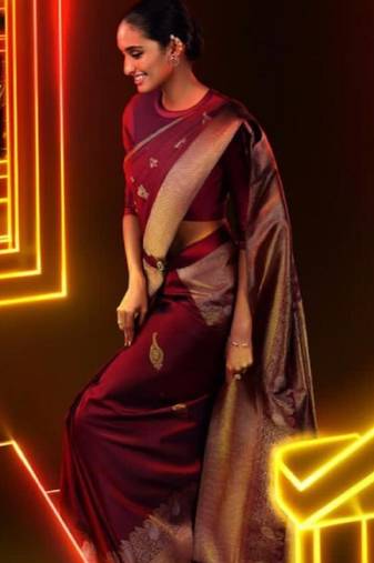 Maroon soft silk blend banarasi jacuard work designer party wear saree with unstitched blouse piece