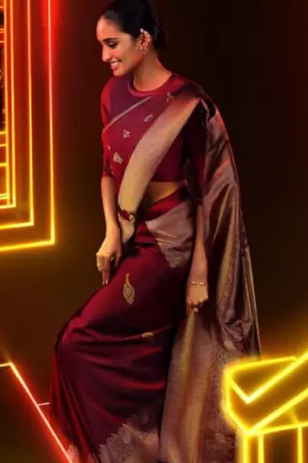 Maroon soft silk blend banarasi jacuard work designer party wear saree with unstitched blouse piece