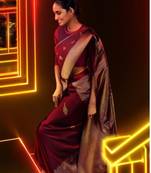 Maroon silk blend banarasi saree with unstitched blouse piece