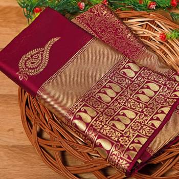 Maroon silk blend banarasi saree with unstitched blouse piece 2