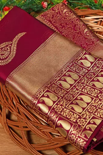 Maroon silk blend banarasi saree with unstitched blouse piece