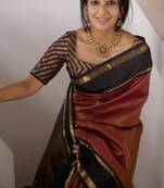 Maroon black silk blend banarasi saree with unstitched blouse piece