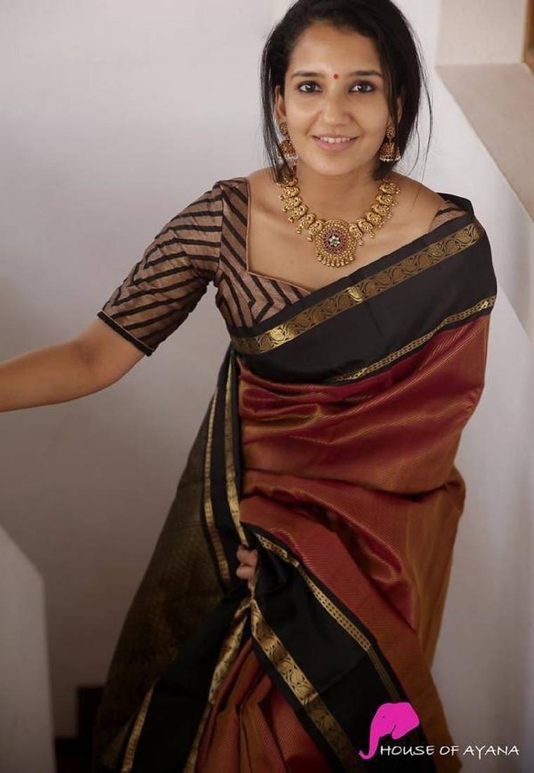 Maroon black soft silk blend banarasi jacuard work designer party wear saree with unstitched blouse piece