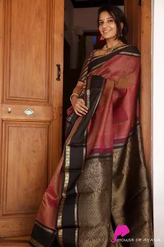 Maroon black silk blend banarasi saree with unstitched blouse piece