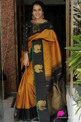 Yellow black soft silk blend banarasi jacuard work designer party wear saree with unstitched blouse piece