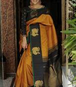 Yellow black silk blend banarasi saree with unstitched blouse piece