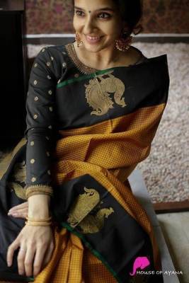 Yellow black silk blend banarasi saree with unstitched blouse piece 2