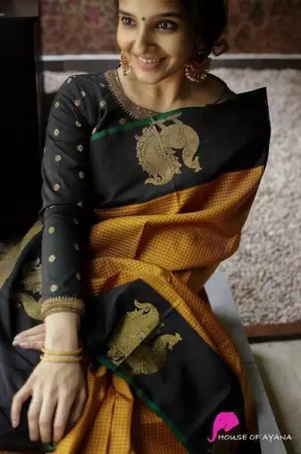 Yellow black silk blend banarasi saree with unstitched blouse piece