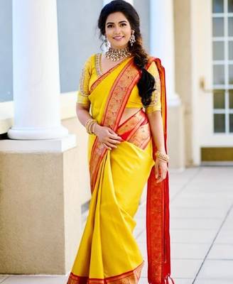 Yellow red silk blend banarasi saree with unstitched blouse piece 1