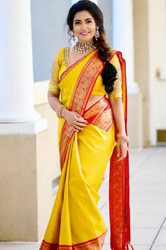 Yellow red soft silk blend banarasi jacuard work designer party wear saree with unstitched blouse piece