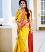 Yellow red silk blend banarasi saree with unstitched blouse piece