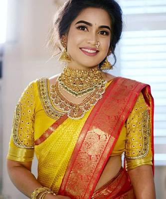 Yellow red silk blend banarasi saree with unstitched blouse piece 2