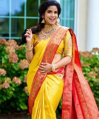 Yellow red silk blend banarasi saree with unstitched blouse piece 4