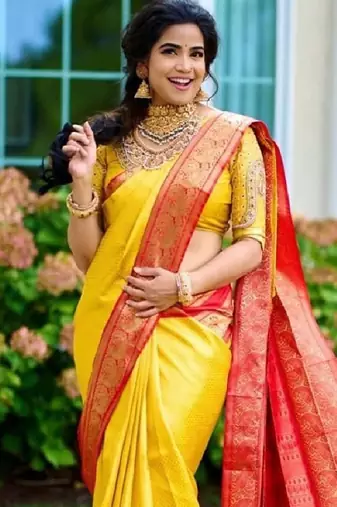 Yellow red silk blend banarasi saree with unstitched blouse piece