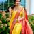 Yellow red soft silk blend banarasi jacuard work designer party wear saree with unstitched blouse piece