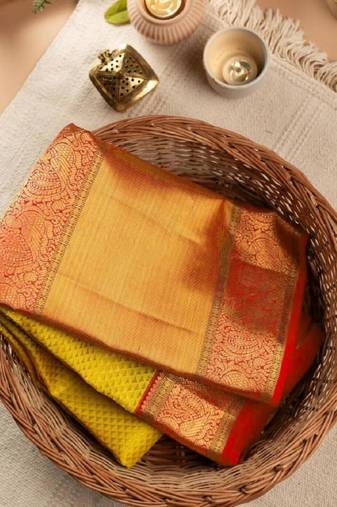Yellow red soft silk blend banarasi jacuard work designer party wear saree with unstitched blouse piece