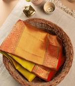 Yellow red silk blend banarasi saree with unstitched blouse piece
