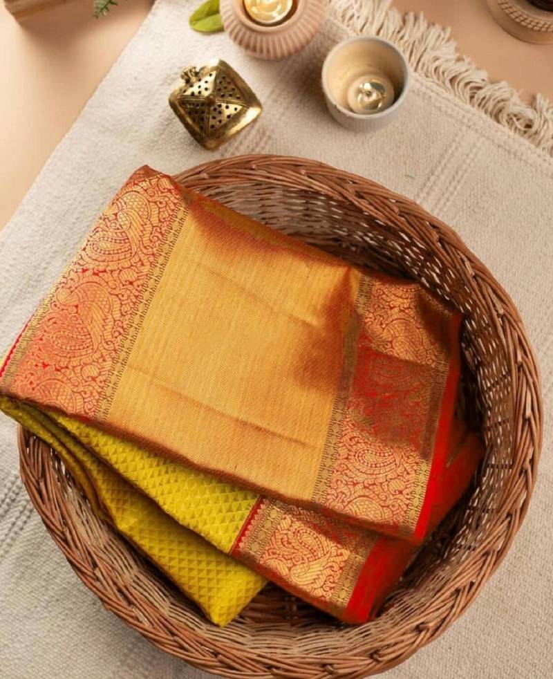 Yellow red soft silk blend banarasi jacuard work designer party wear saree with unstitched blouse piece