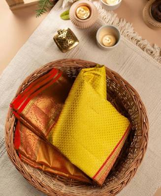 Yellow red silk blend banarasi saree with unstitched blouse piece 2