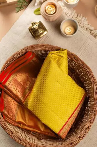 Yellow red silk blend banarasi saree with unstitched blouse piece