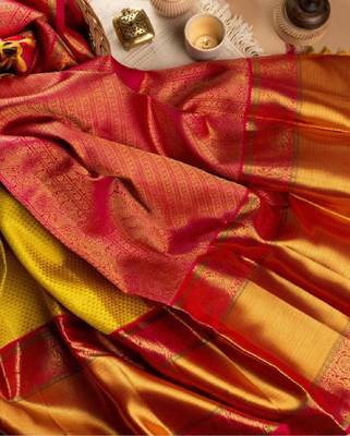 Yellow red silk blend banarasi saree with unstitched blouse piece 5