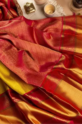 Yellow red silk blend banarasi saree with unstitched blouse piece
