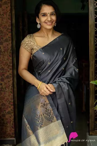 Grey soft silk blend banarasi jacuard work designer party wear saree with unstitched blouse piece