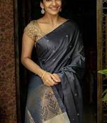 Grey silk blend banarasi saree with unstitched blouse piece
