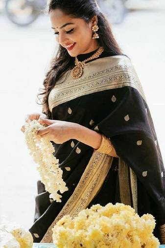 Black soft silk blend banarasi jacuard work designer party wear saree with unstitched blouse piece