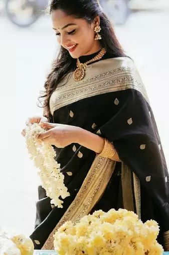 Black soft silk blend banarasi jacuard work designer party wear saree with unstitched blouse piece