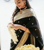 Black silk blend banarasi saree with unstitched blouse piece