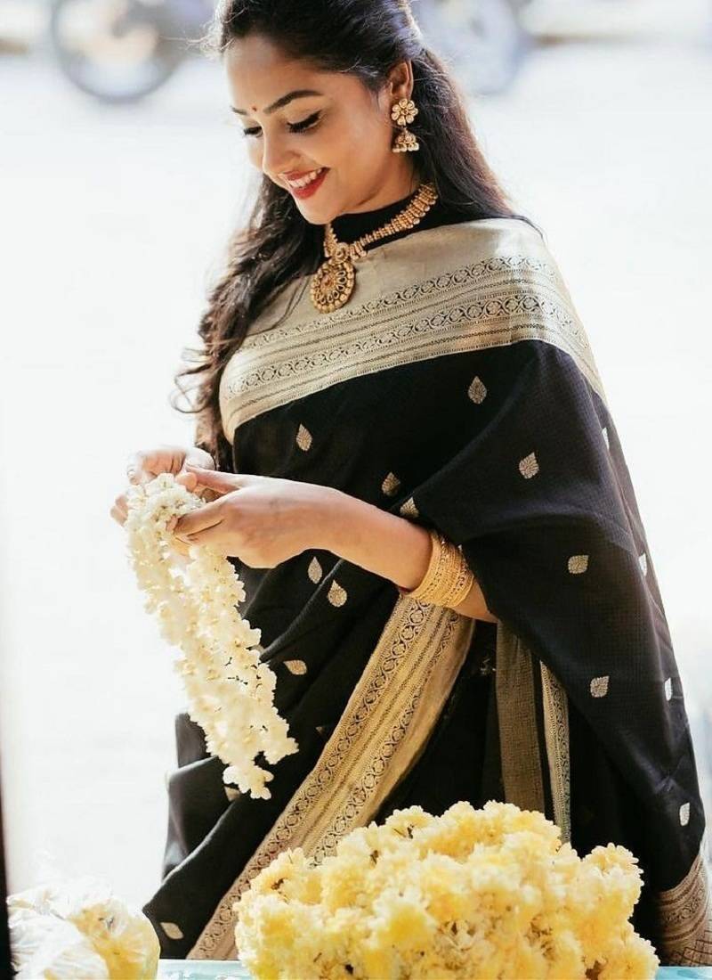 Black soft silk blend banarasi jacuard work designer party wear saree with unstitched blouse piece