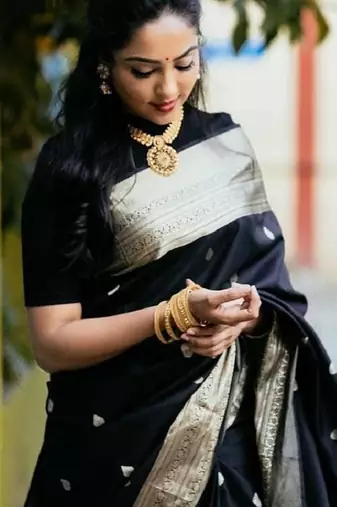 Black silk blend banarasi saree with unstitched blouse piece
