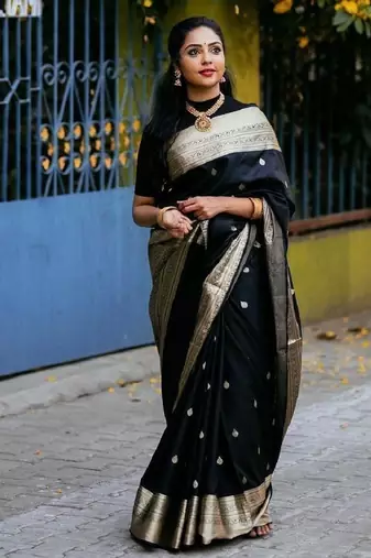 Black silk blend banarasi saree with unstitched blouse piece